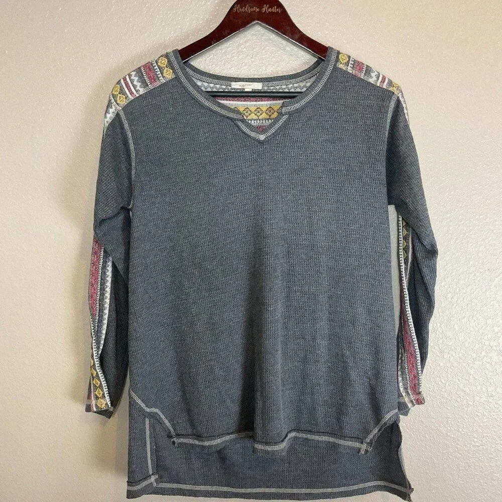Mystree Top Women S Gray Waffle Knit Tee Shirt Long Sleeve Scoop Neck Thermal E3